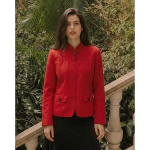 Alfred Dunner Red Faux Suede Career Blazer Jacket Black Stitch Pockets Size 8